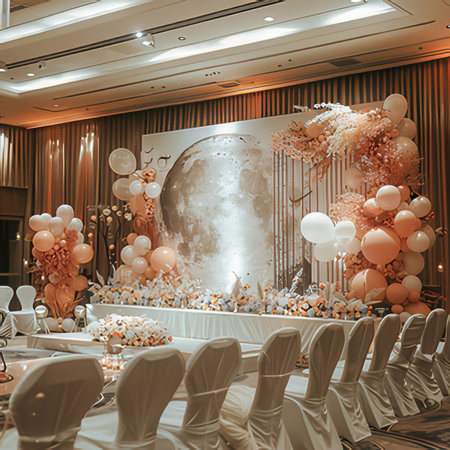 Wedding reception area decorated with balloons and flowers. 3d renderingの素材