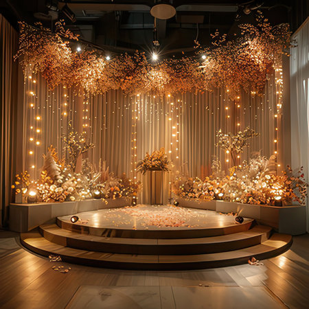 3d render of a stage in a modern interior with golden lightsの素材