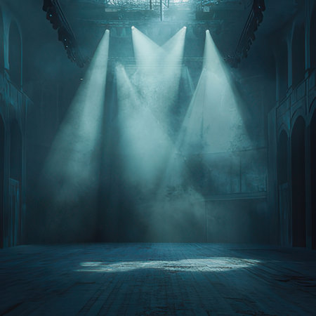 Grunge interior of an old theater with floodlights. 3D renderingの素材