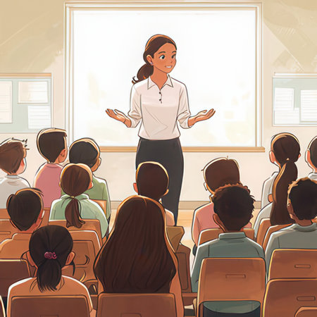 illustration of a teacher giving a lecture in front of a classroomの素材