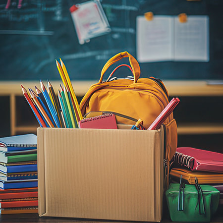 Back to school concept. School supplies in box on classroom background.の素材