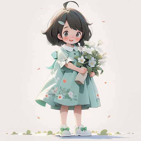 Cute little girl with a bouquet of flowers. Vector illustration.の素材