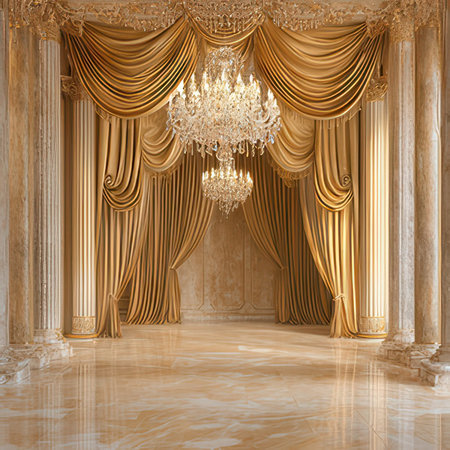 Luxury royal interior with golden drapery. 3d renderの素材