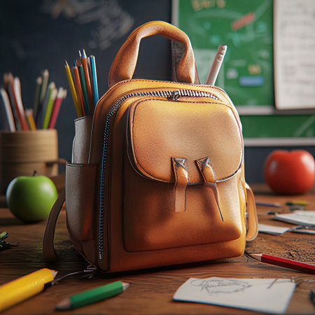 Back to school concept. Backpack and school supplies on wooden table.の素材