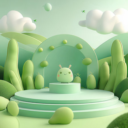 3d rendering of minimal display podium for product design. Cute cartoon hippopotamus in the park.の素材