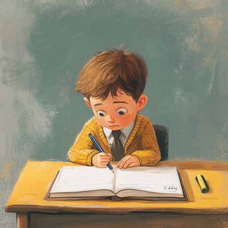 Boy at school desk with book and pencils. Back to school conceptの素材