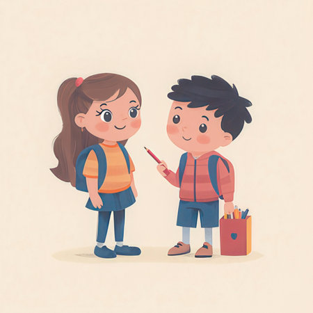 Vector illustration of a boy and girl with backpacks and pencilsの素材