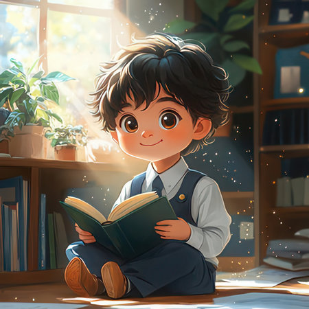 Boy reading a book at home. Illustration for children's books.の素材