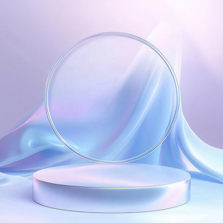 3d render, abstract background, round podium with blue drapery, pastel colorsの素材