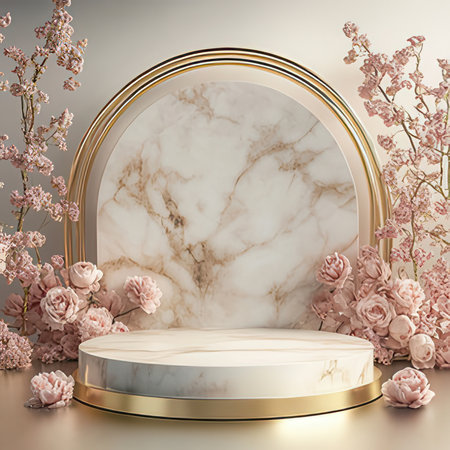 3d render, abstract background with marble podiums, flowers and golden frameの素材