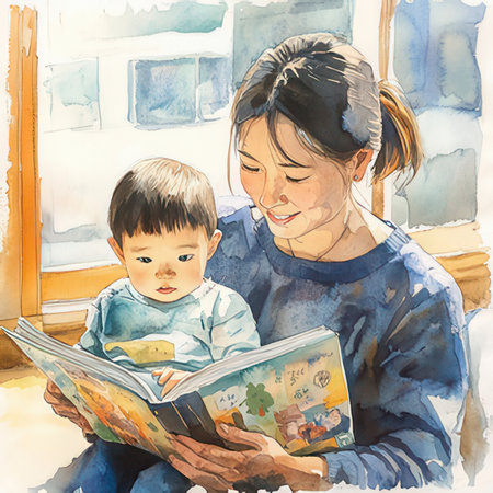 Mother and son reading a book at home. Watercolor illustration.の素材