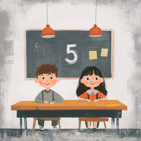 Back to school concept. Cute boy and girl sitting at desk in classroom with chalkboard.の素材