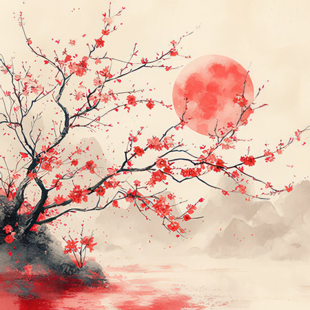 Watercolor cherry blossom tree and red moon. Japanese style.の素材