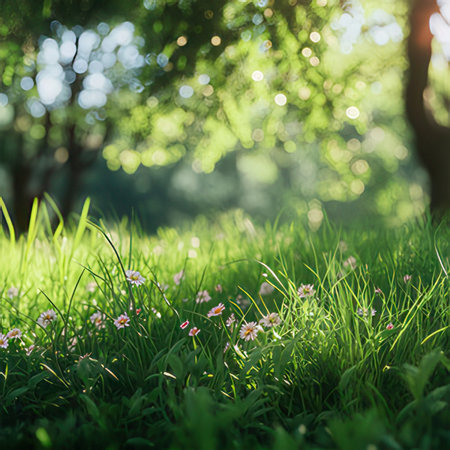Green meadow with daisies and bokeh lights.の素材