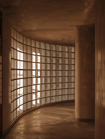 3d rendering of a corridor in a modern building with a windowの素材