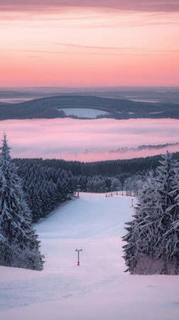 Beautiful winter landscape with snow covered trees and ski lifts at sunsetの素材