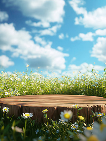 Empty wooden table in field of daisies. 3d renderの素材
