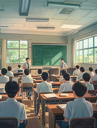 Teacher and students in the classroom with blackboard on the wallの素材