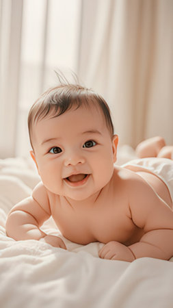 Cute asian baby lying on bed at home, closeup