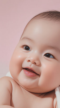Cute asian baby smiling on pink background, soft focus.