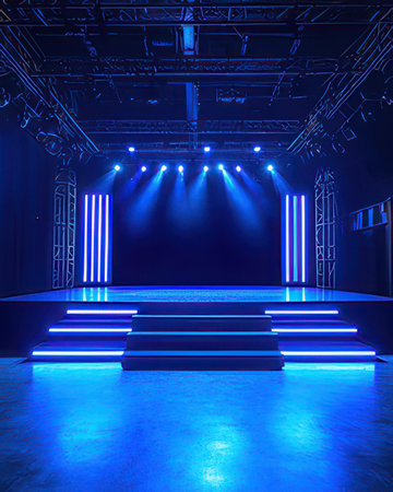 Empty stage with neon lights, 3d rendering. Computer digital drawing.の素材