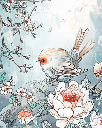 Seamless pattern with hand drawn birds and flowers. Vector illustration.の素材