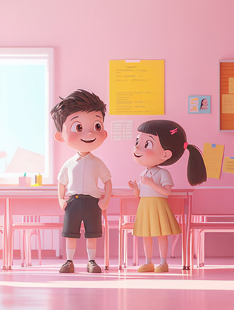 Cute asian boy and girl standing in classroom at school.の素材