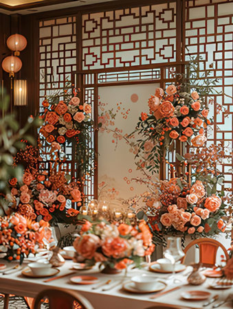 Interior design of a restaurant. Decorated with flowers.の素材