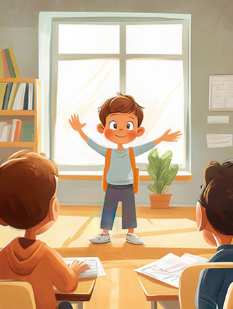 Children in classroom. Illustration of a boy in elementary school.の素材