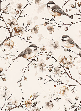 Seamless pattern with birds and flowers. Hand-drawn illustration.の素材