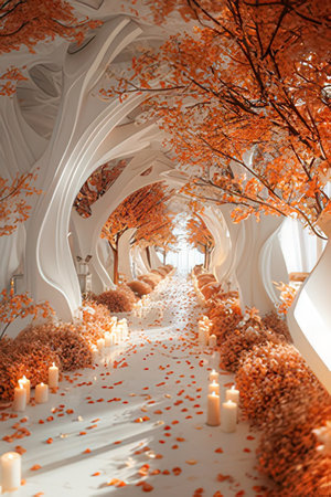 Wedding decor in the form of a tree with red leaves and candlesの素材