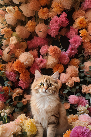 Flower background with cute maine coon cat lying on itの素材