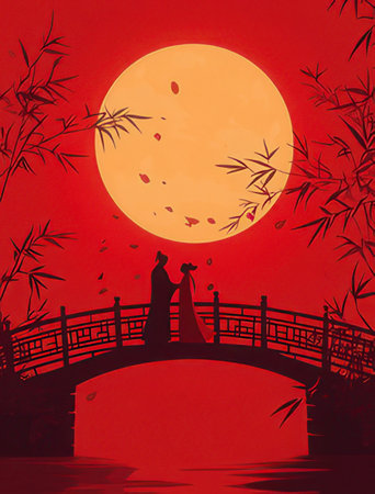 The bride and groom on the background of the red moon and bambooの素材