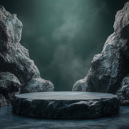 3d render of stone podium in the dark with smoke and fogの素材