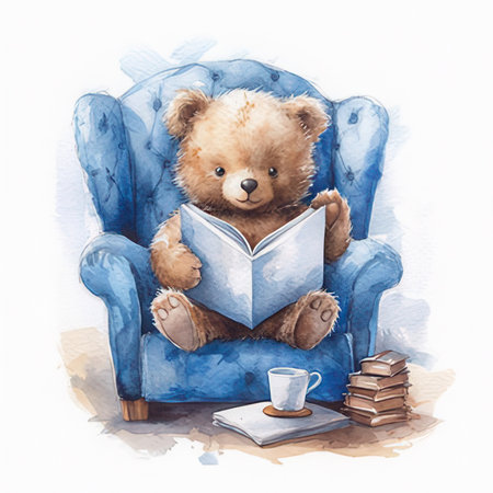 Watercolor illustration of a teddy bear reading a book in an armchairの素材
