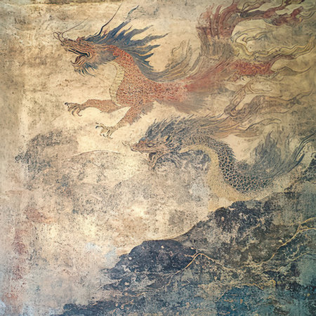 Chinese dragon painting on the wall, close-up. Vintage style.の素材