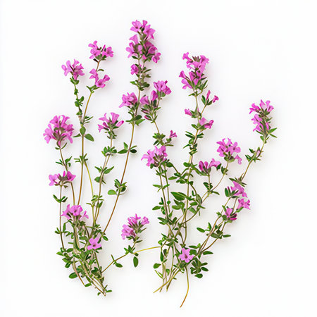 Flowering thyme isolated on white background. Flat lay, top view.の素材