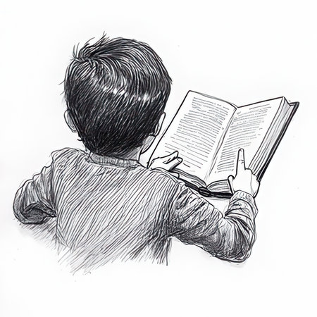 Child reading a book on a white background. Hand drawn illustration.の素材