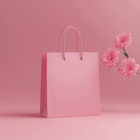 Paper shopping bag with pink flowers on a pink background. 3d renderingの素材