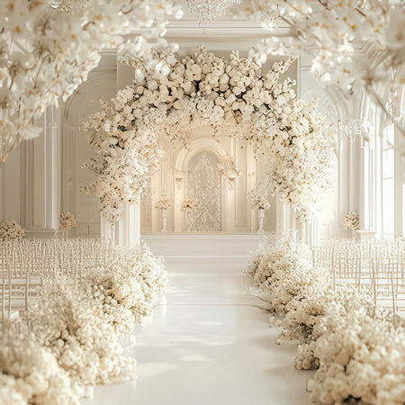 Wedding arch with white flowers. 3d render illustration.の素材