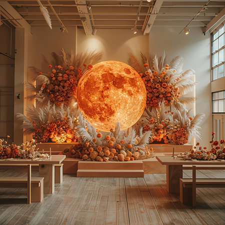 3D rendering of a modern interior design with a large moon.の素材