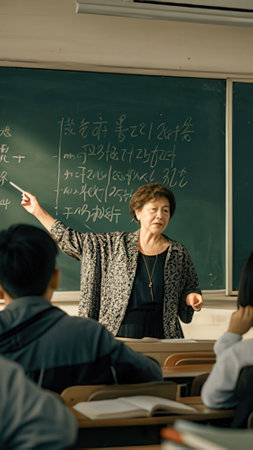 Teacher and students writing on the blackboard in the classroom.