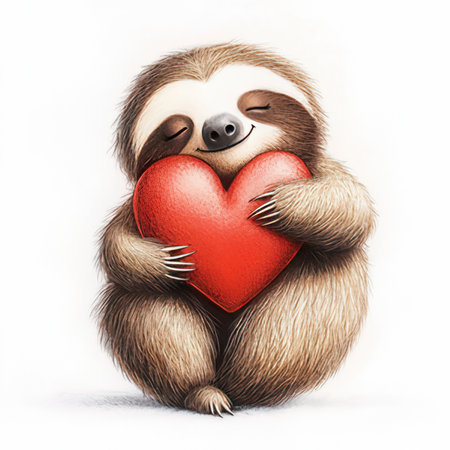 Cute cartoon sloth holding red heart, isolated on white background.の素材