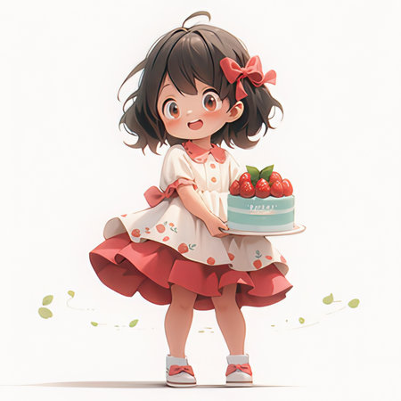 Cute little girl holding a cake with strawberries. Vector illustration.の素材