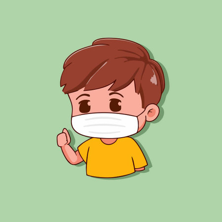 cute little boy wearing medical mask cartoon character vector illustration graphic designのイラスト素材
