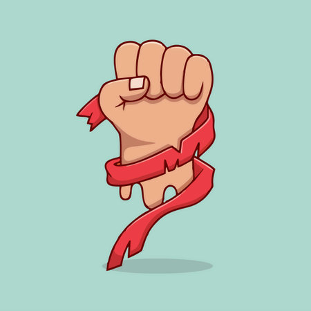 Fist with red ribbon over blue background. Vector cartoon illustration.のイラスト素材