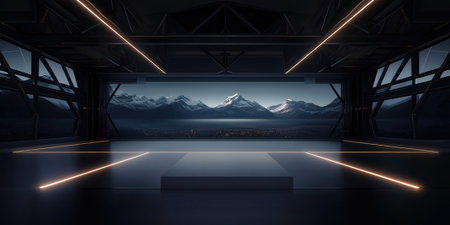 Futuristic interior. Futuristic room with a view of the mountains. 3D renderingの素材