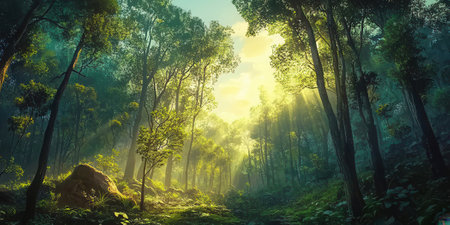 Beautiful landscape of misty forest with sunlight shining through trees.の素材