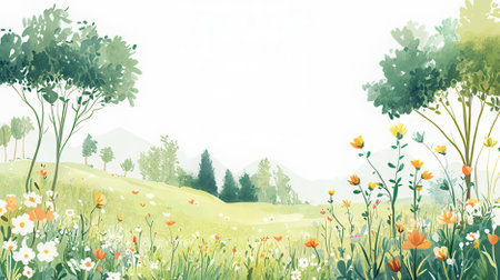 Spring meadow with flowers and trees, watercolor vector illustration.の素材