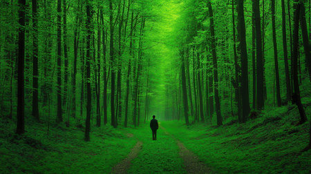 Conceptual image of green forest with man walking towards the lightの素材